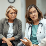 not too old woman facing menopause worried with female doctor hormone replacement therapy