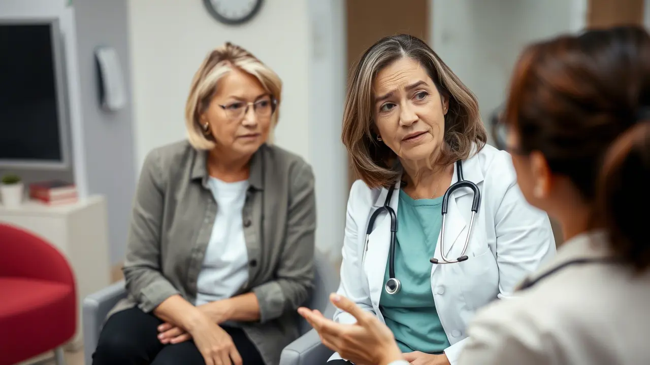 not too old woman facing menopause worried with female doctor hormone replacement therapy