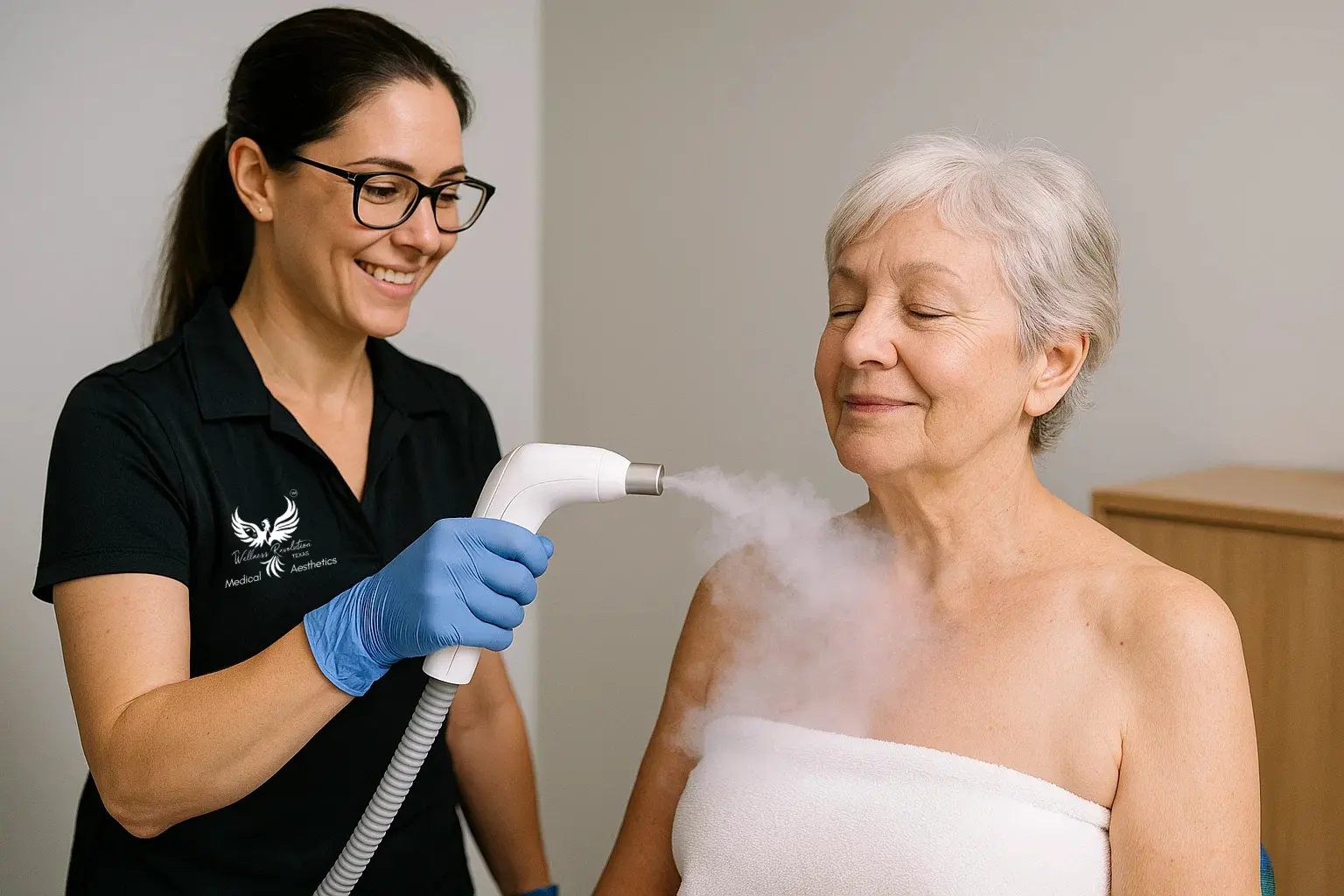 An older woman receiving cryotherapy treatment from female practitioner in houston with logo cryotherapy near me houston