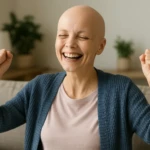 bald shaven woman happy for recovering from cancer