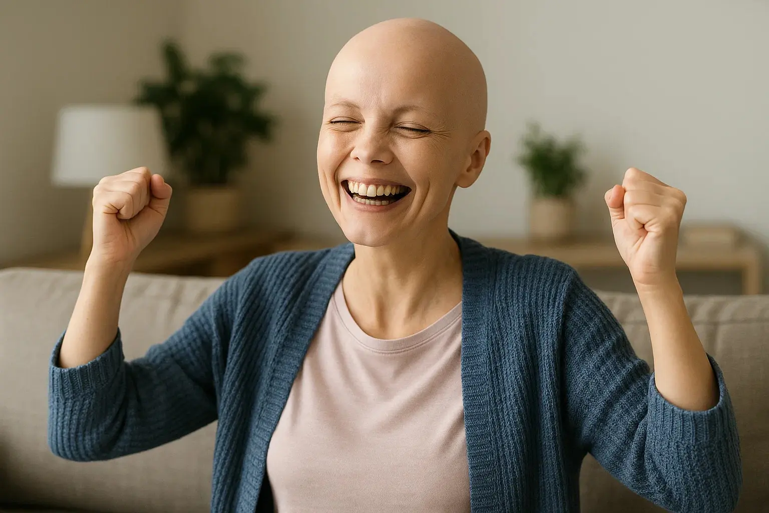 bald shaven woman happy for recovering from cancer