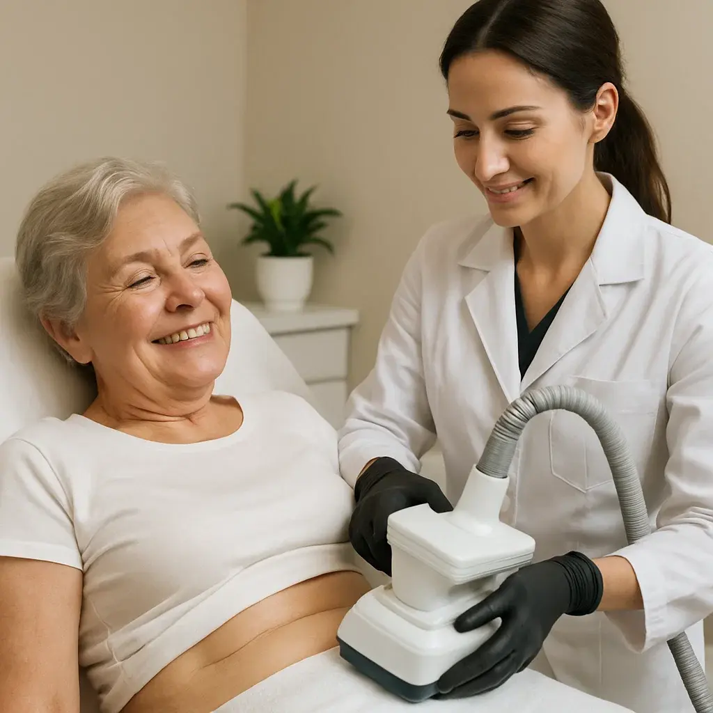 Older woman enjoying body sculting service with female doctor wellness revolution texas