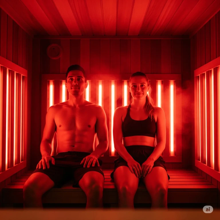 a woman and a man in a red light therapy sauna at wellness revolution texas