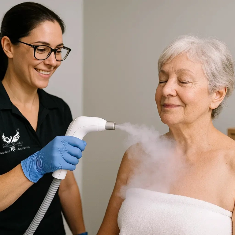 An older woman receiving cryotherapy treatment from female practitioner in houston with logo cryotherapy near me houston