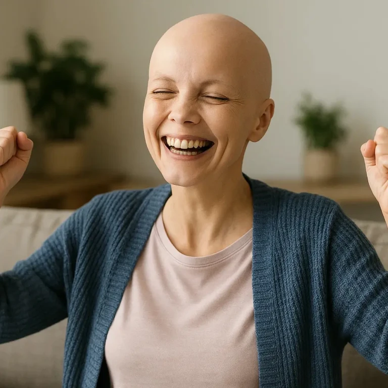 bald shaven woman happy for recovering from cancer