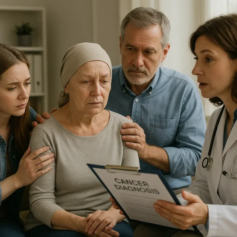 female older patient just got cancer diagnosis surrounded by family with female doctor
