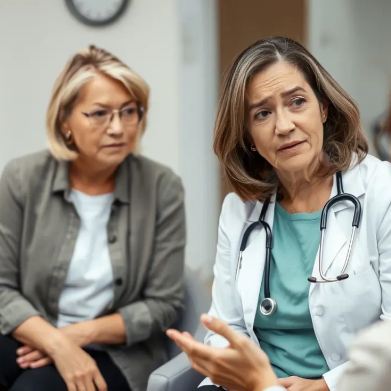 not too old woman facing menopause worried with female doctor hormone replacement therapy